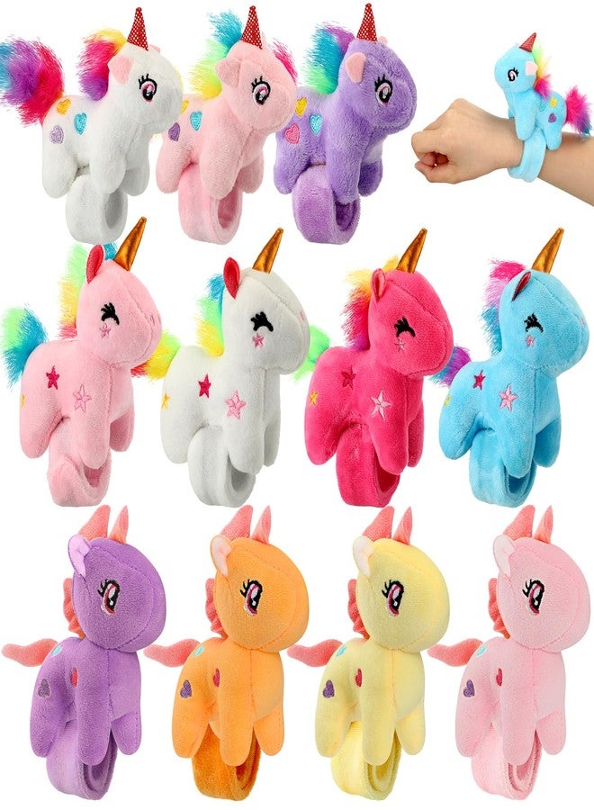 Hollowfly 12 Pcs Unicorn Slap Bracelets Plush Animal Bracelets Bulk 8 Inch Furry Slap Band Stuffed Animals for Boys Girls Unicorn Party Favors Birthday Gifts - Image 1